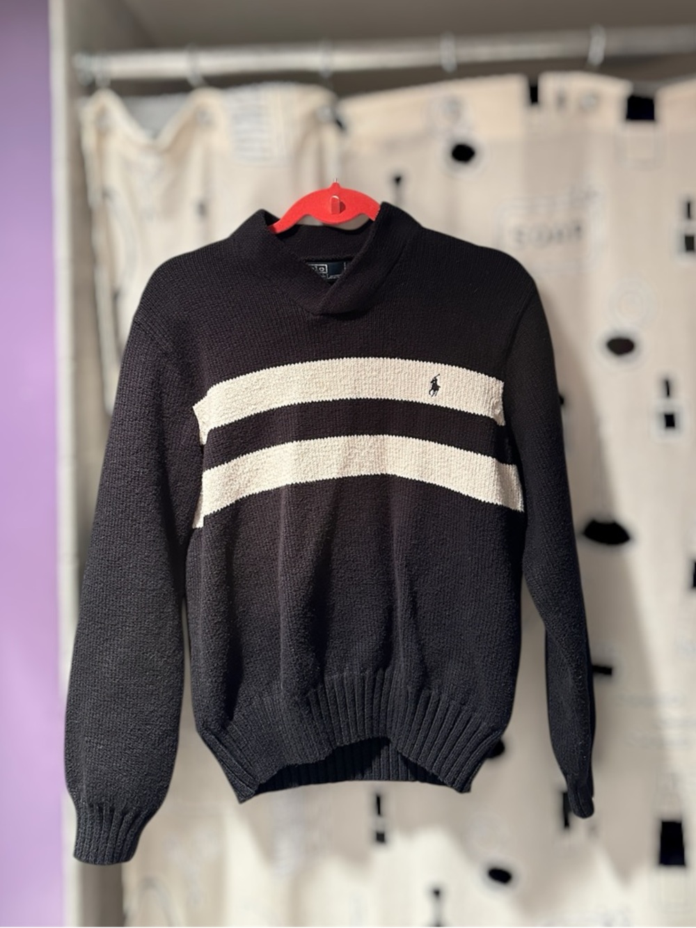 Polo Ralph Lauren Vintage Men’s Heavy Knit V-Neck Black/White Stripe Sweater